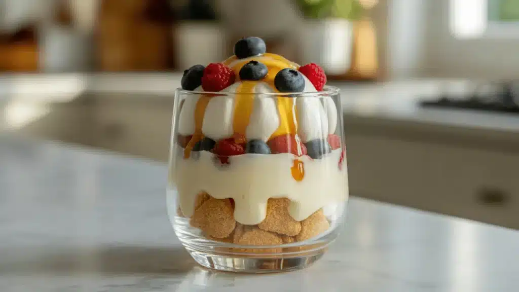Layered cloud cream dessert made with condensed milk in glass with biscuit base, berries, and honey drizzle on top