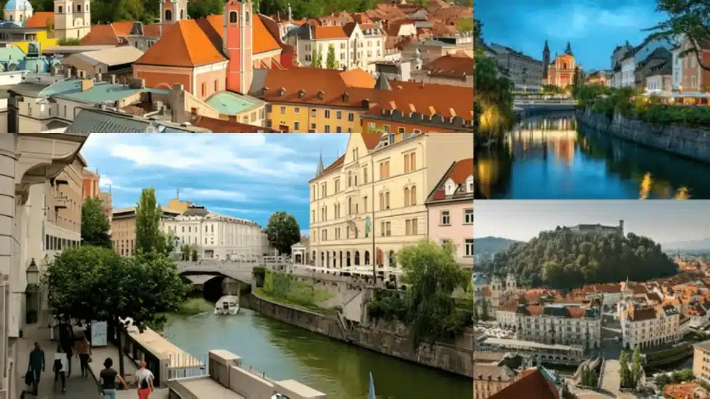Ljubljana rooftops, river canal, historic bridge, and castle view above the old town