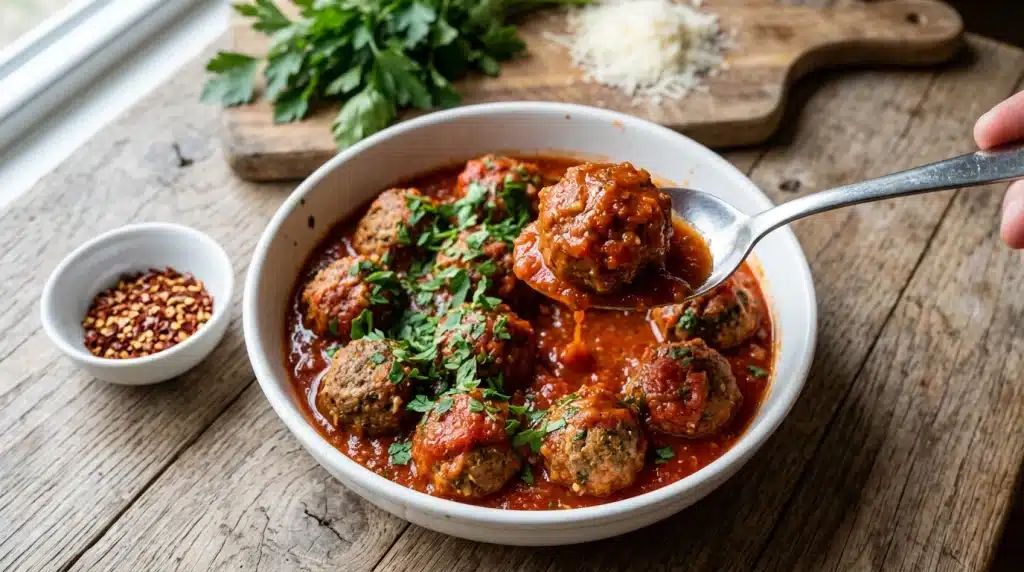 Meatballs in rich tomato sauce being lifted by a spoon from a white bowl on a rustic wooden table with bowls of chili flakes and grated cheese nearby