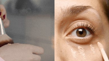 Mixing foundation with a brush on the back of the hand, and on the right side, applying concealer under the eyes with a brush