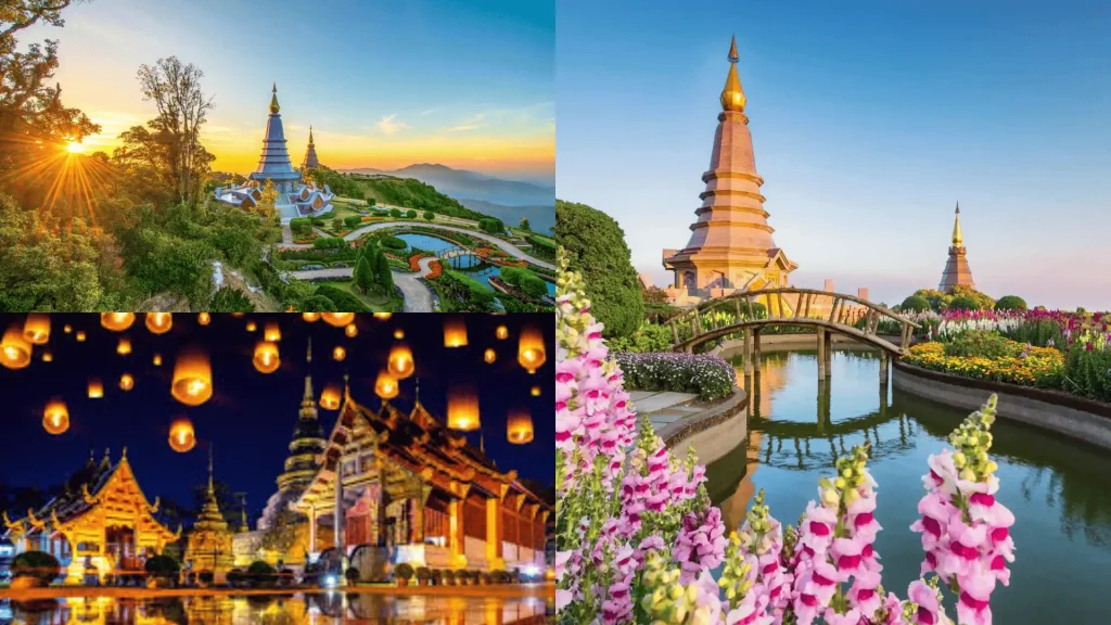 Mountain temple at sunrise, lantern festival at night, and garden with bridge and flowers
