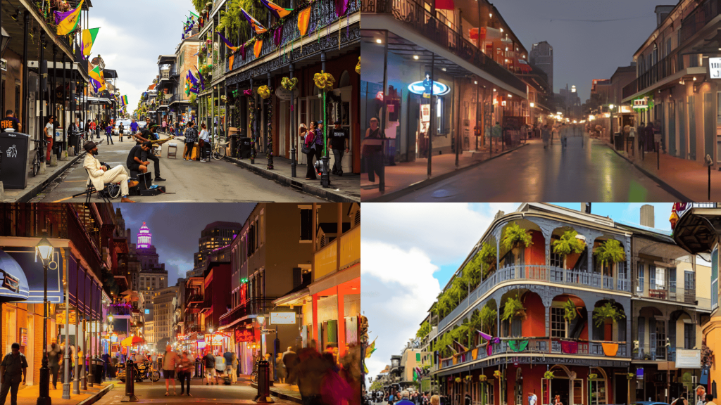 New Orleans French Quarter streets, jazz scenes, colorful balconies, and lively nightlife views