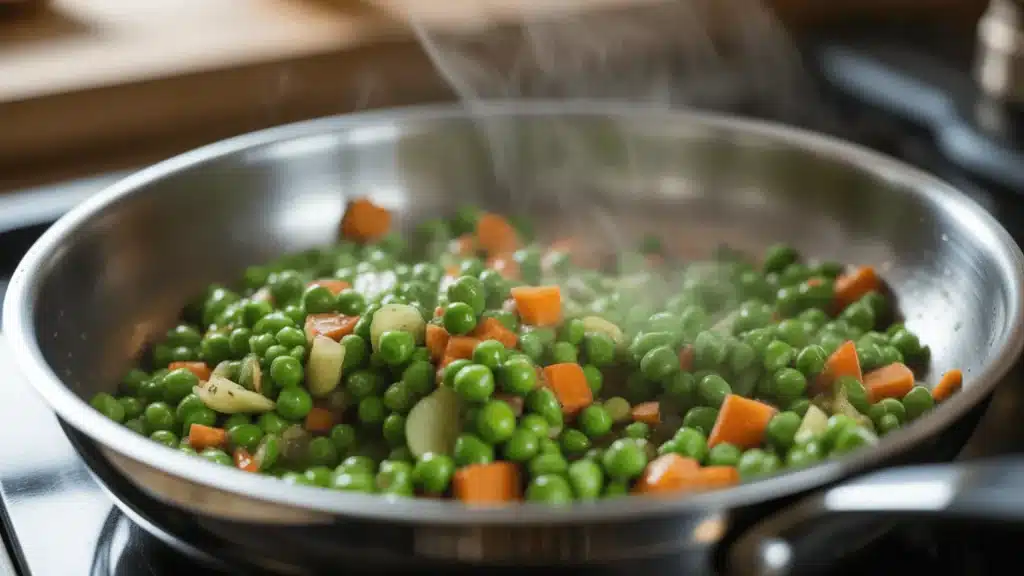 Peas and diced carrots cooking in a pan with visible steam and glossy texture