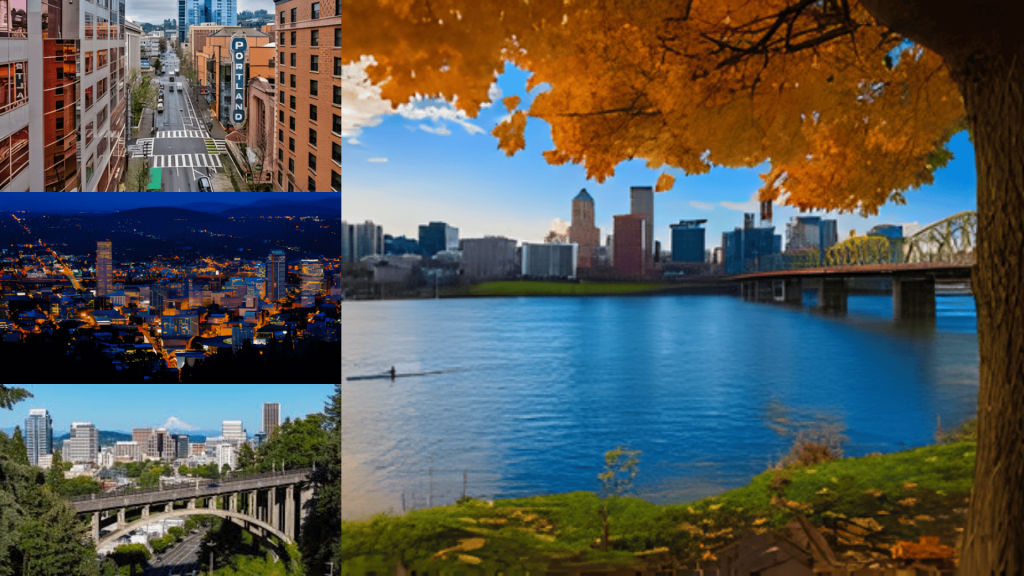 Portland skyline, river view with bridge, city streets, and autumn tree by the waterfront