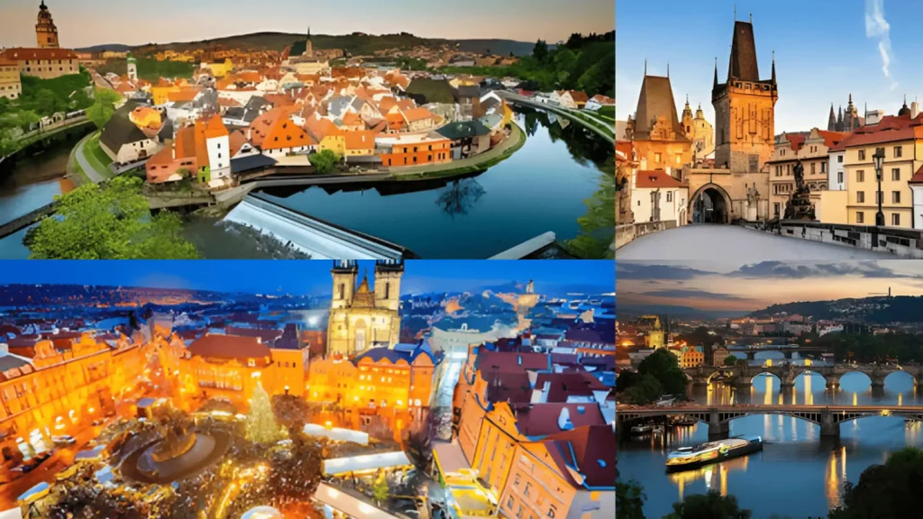 Prague old town, castle views, Charles Bridge, and city lights reflecting on river at dusk