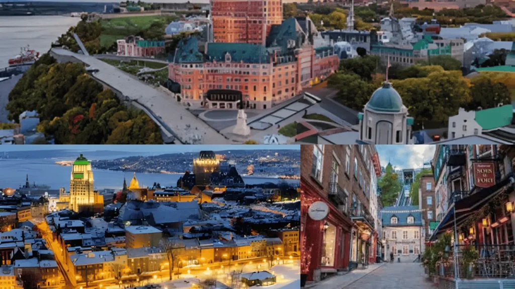 Quebec City skyline, historic hotel, snowy rooftops, and cobblestone street with shops