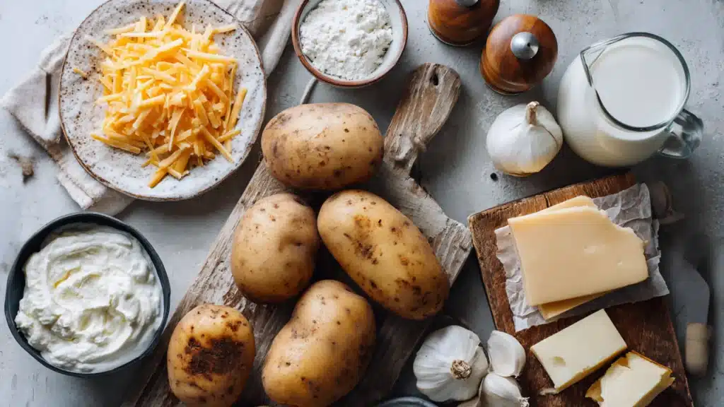 Raw ingredients for potato soup including whole russet potatoes shredded cheese sour cream garlic milk and blocks