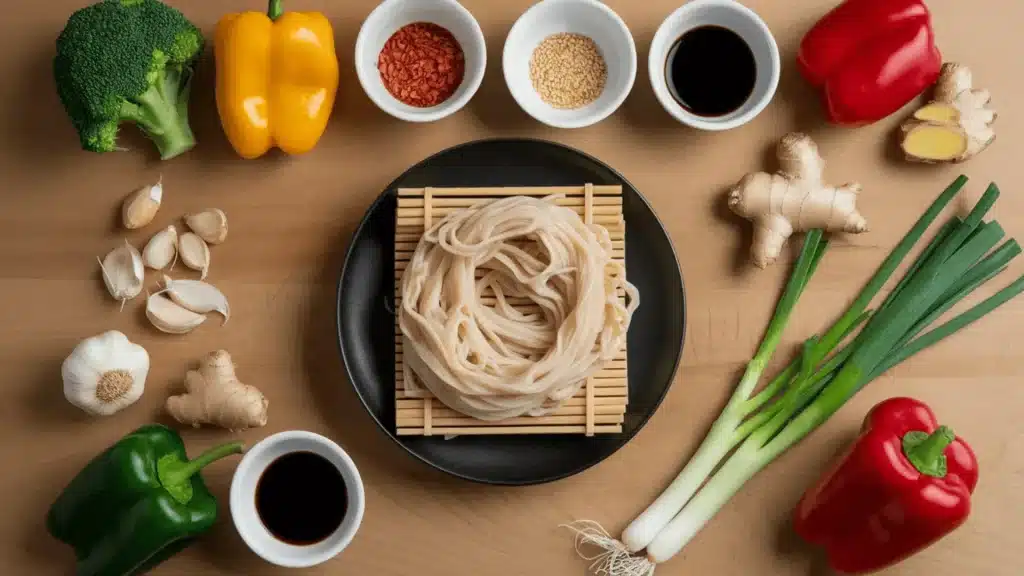Raw shirataki noodles with fresh vegetables, garlic, ginger, and sauces arranged on wooden surface
