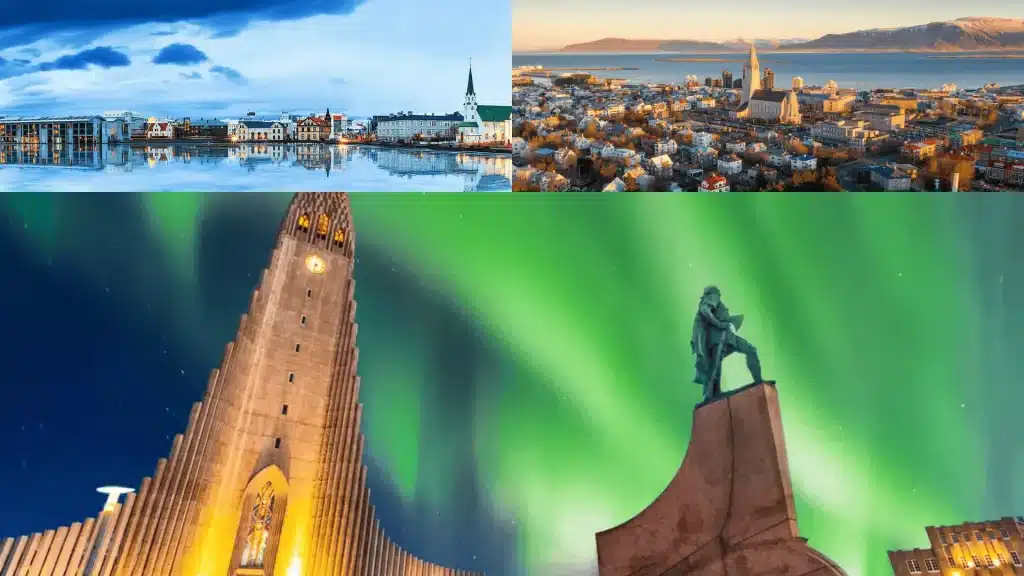 Reykjavik city views, Hallgrimskirkja church, and statue under northern lights sky