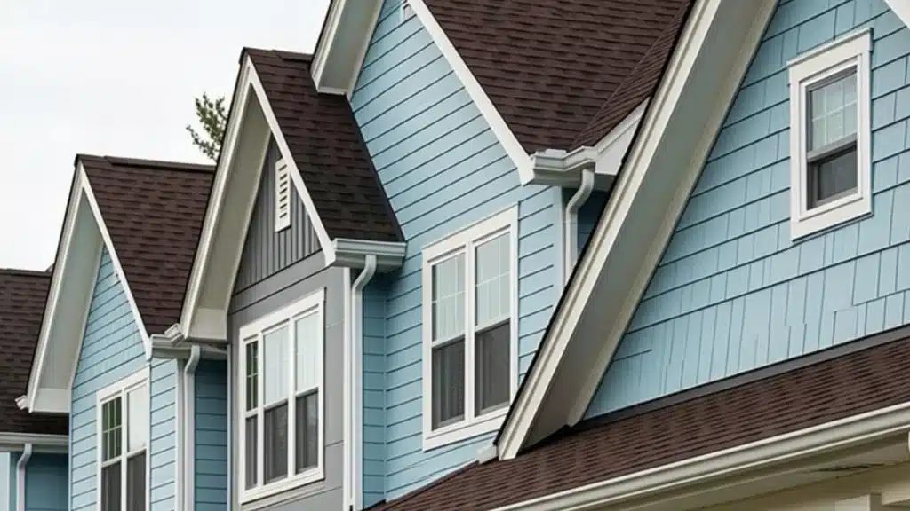 Row of new suburban homes featuring light blue siding, prominent white trim, and dark brown roofs, each with a covered front porch.
