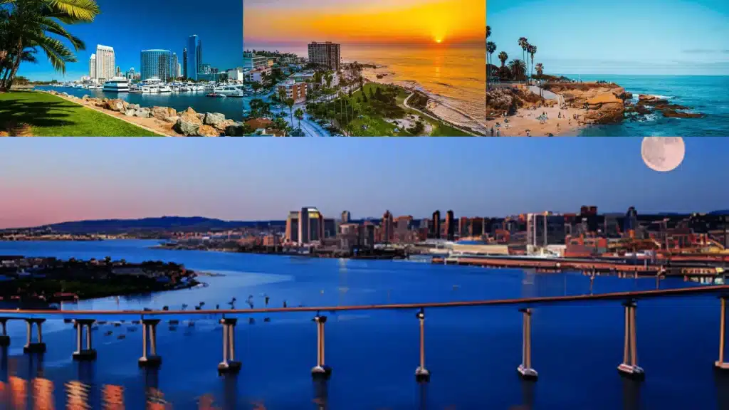 San Diego skyline, harbor views, sunset beach, coastal cliffs, and bridge over calm bay