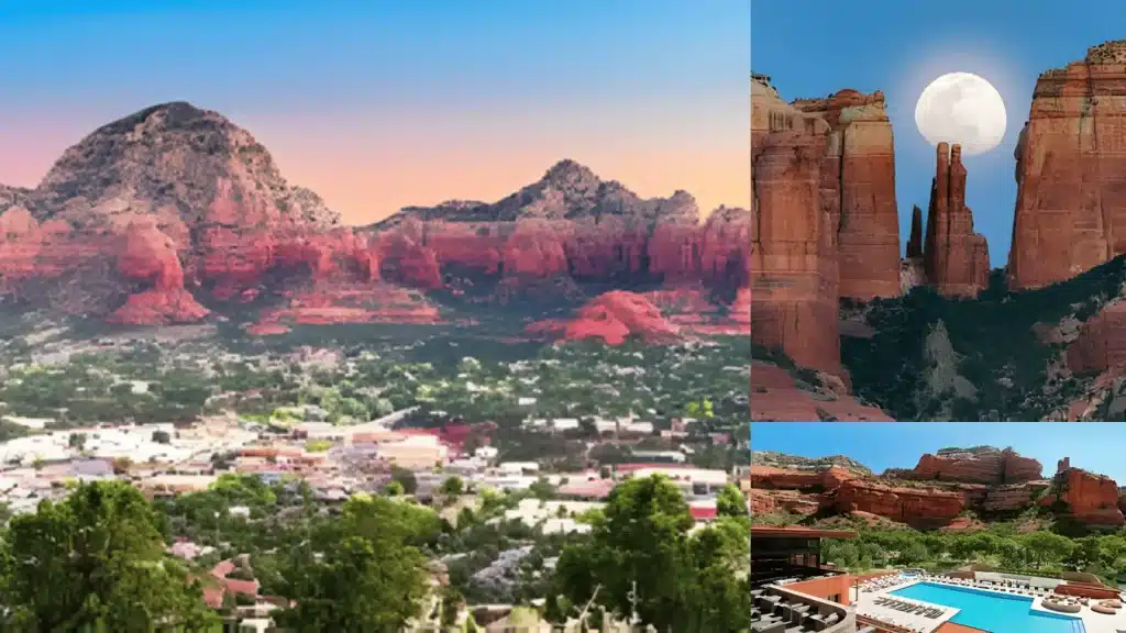 Sedona red rock formations, desert town view, moonlit cliffs, and resort pool with canyon scenery