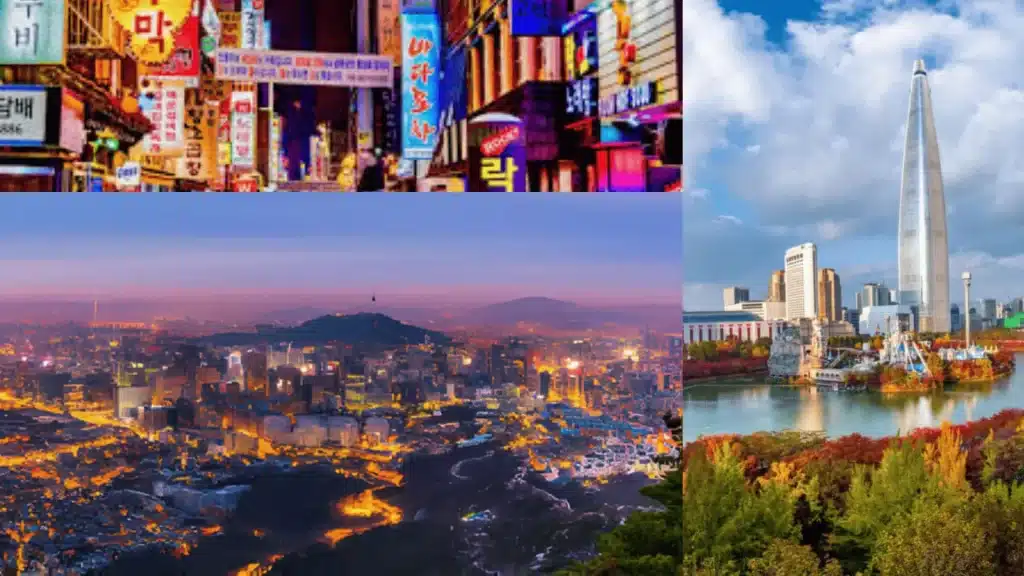Seoul neon streets, skyline at dusk, and Lotte Tower by lake with autumn trees