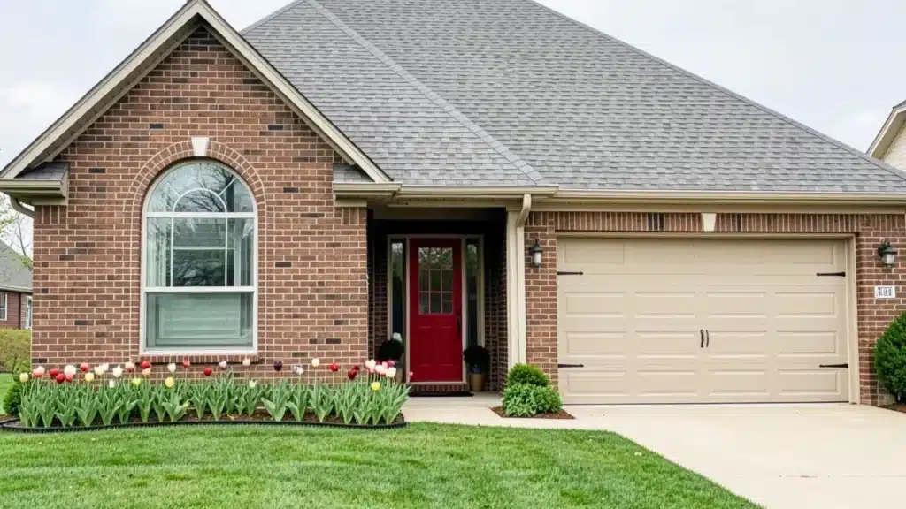 Single-story brick ranch home featuring a prominent red front door, tan garage door, and a landscaped bed of colorful tulips across the front lawn.