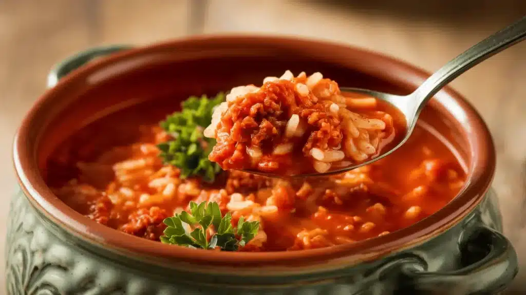 Spoon lifting cabbage roll soup with rice, meat, and tomato broth, served in a ceramic bowl