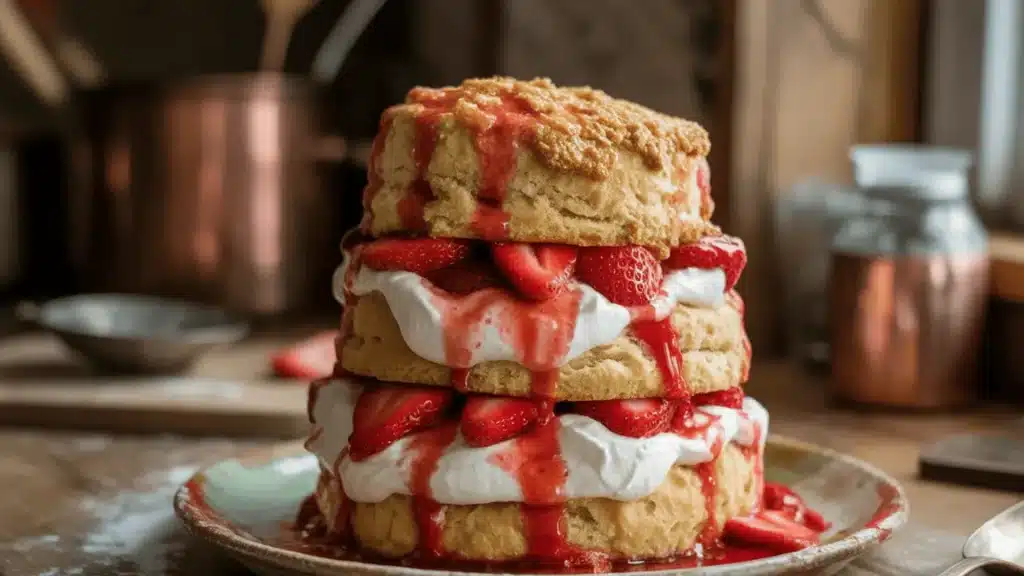 Stacked bisquick strawberry shortcake with cream and syrup dripping over biscuits on rustic kitchen plate