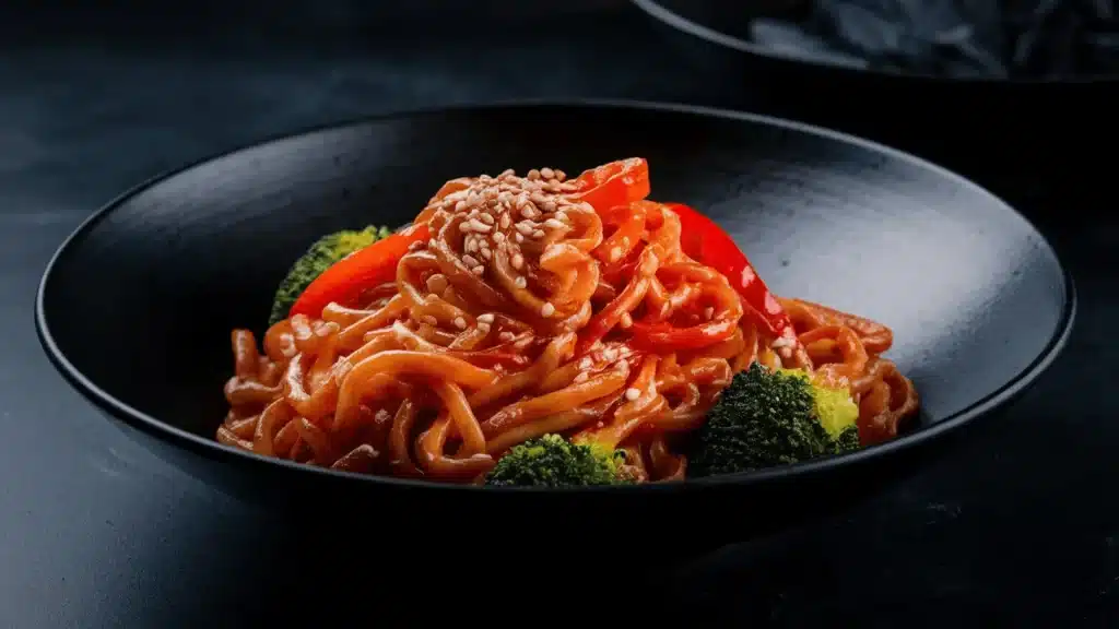Steaming shirataki noodles in black bowl with glossy sauce and sesame seeds on dark background