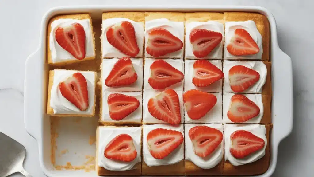 Strawberry bisquick shortcake squares with cream topping in baking dish, one piece removed, top view