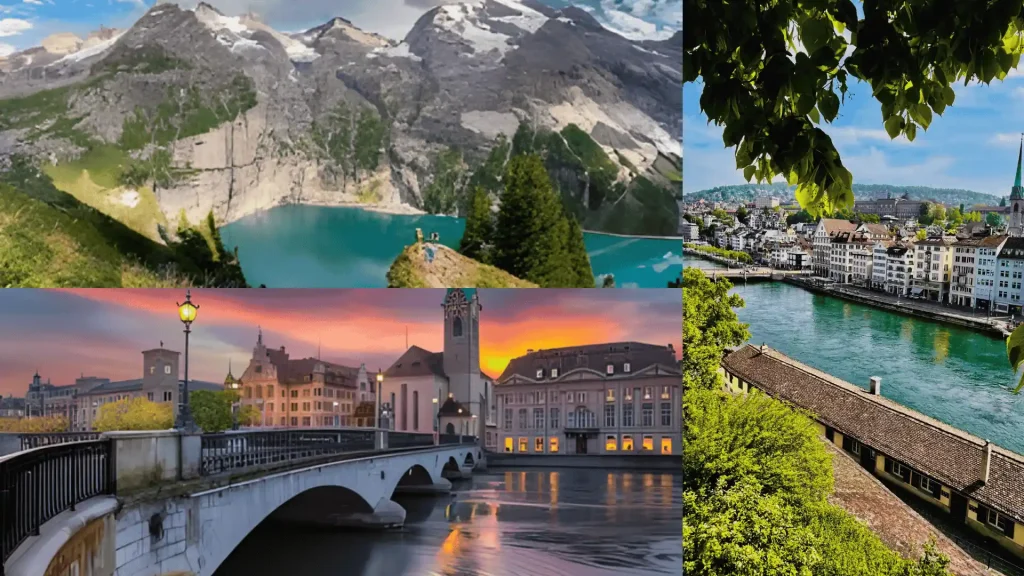 Swiss Alps lake, Zurich riverfront, and historic bridge with sunset city skyline