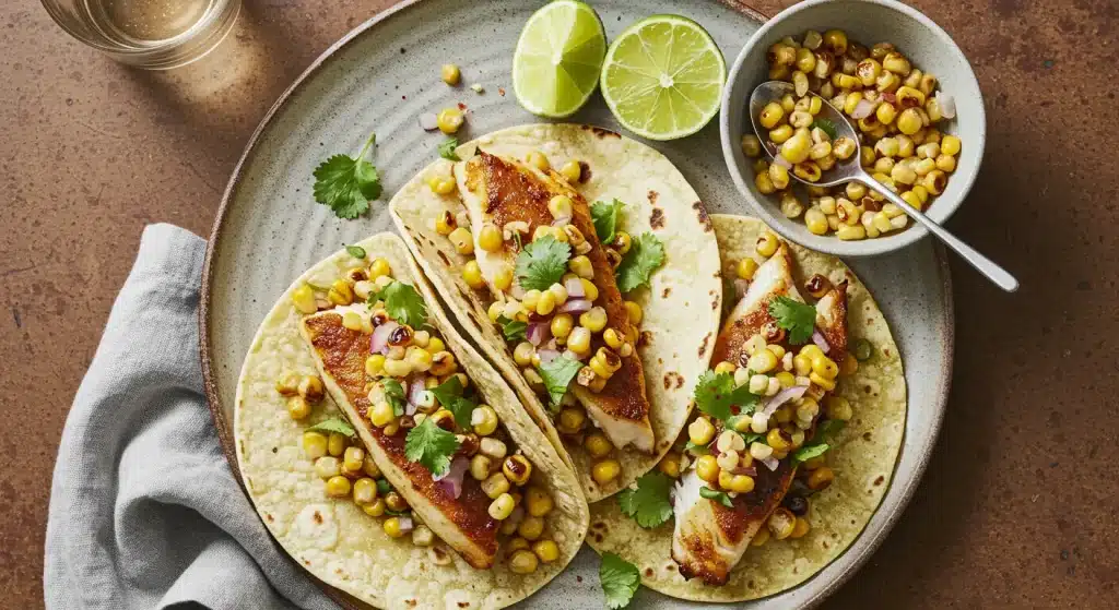 Three corn and fish tacos topped with charred corn salsa and cilantro are served on a rustic plate with lime halves and a side bowl of corn relish.