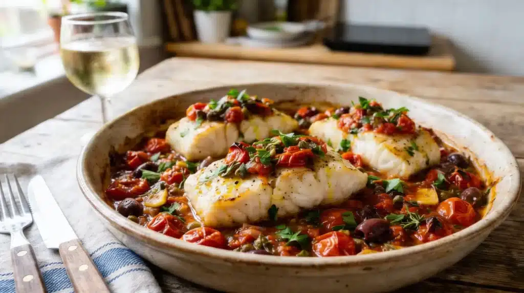 Three fillets of white fish baked in a rich tomato, olive, and caper sauce served in a rustic dish next to a glass of white wine