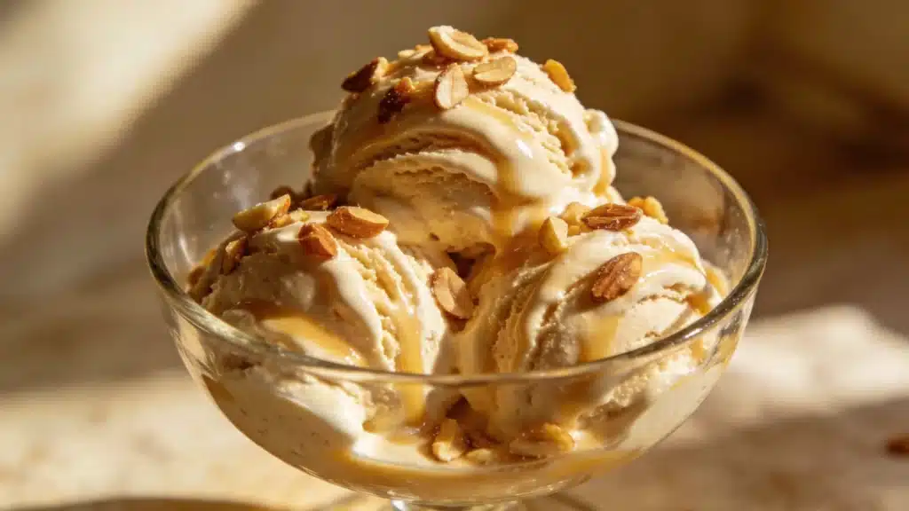 Three scoops of caramel ice cream drizzled with sauce and topped with chopped nuts served in a glass sundae dish.