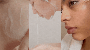Three-step skin prep routine showing cleanser application, face washing, and primer dropper on clean, glowing skin