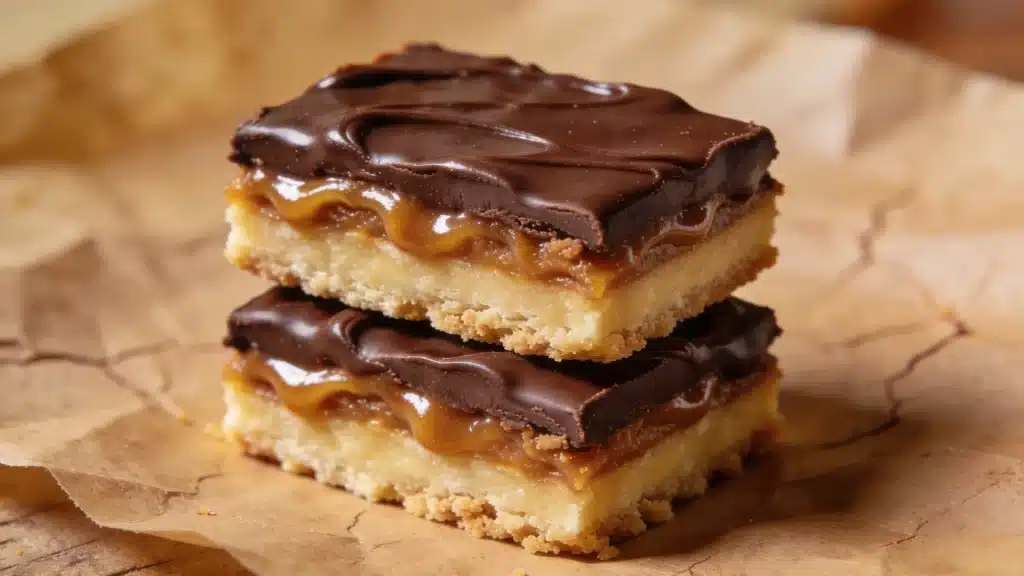 Two delicious chocolate and caramel bars placed on brown paper, highlighting their tempting appearance.
