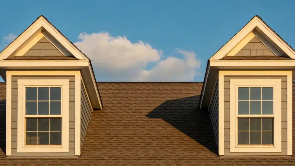 Two symmetrical dormer windows with white trim are set into a brown shingled roof beneath a bright blue sky with white clouds.