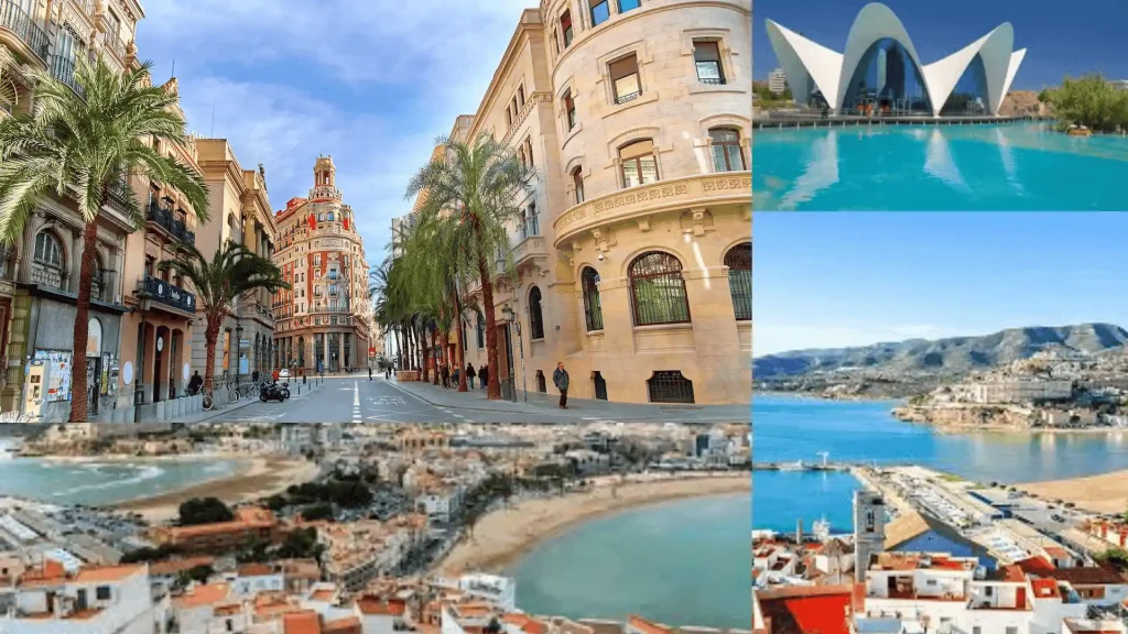 Valencia streets, modern architecture, coastal views, and beachside city with palm-lined roads