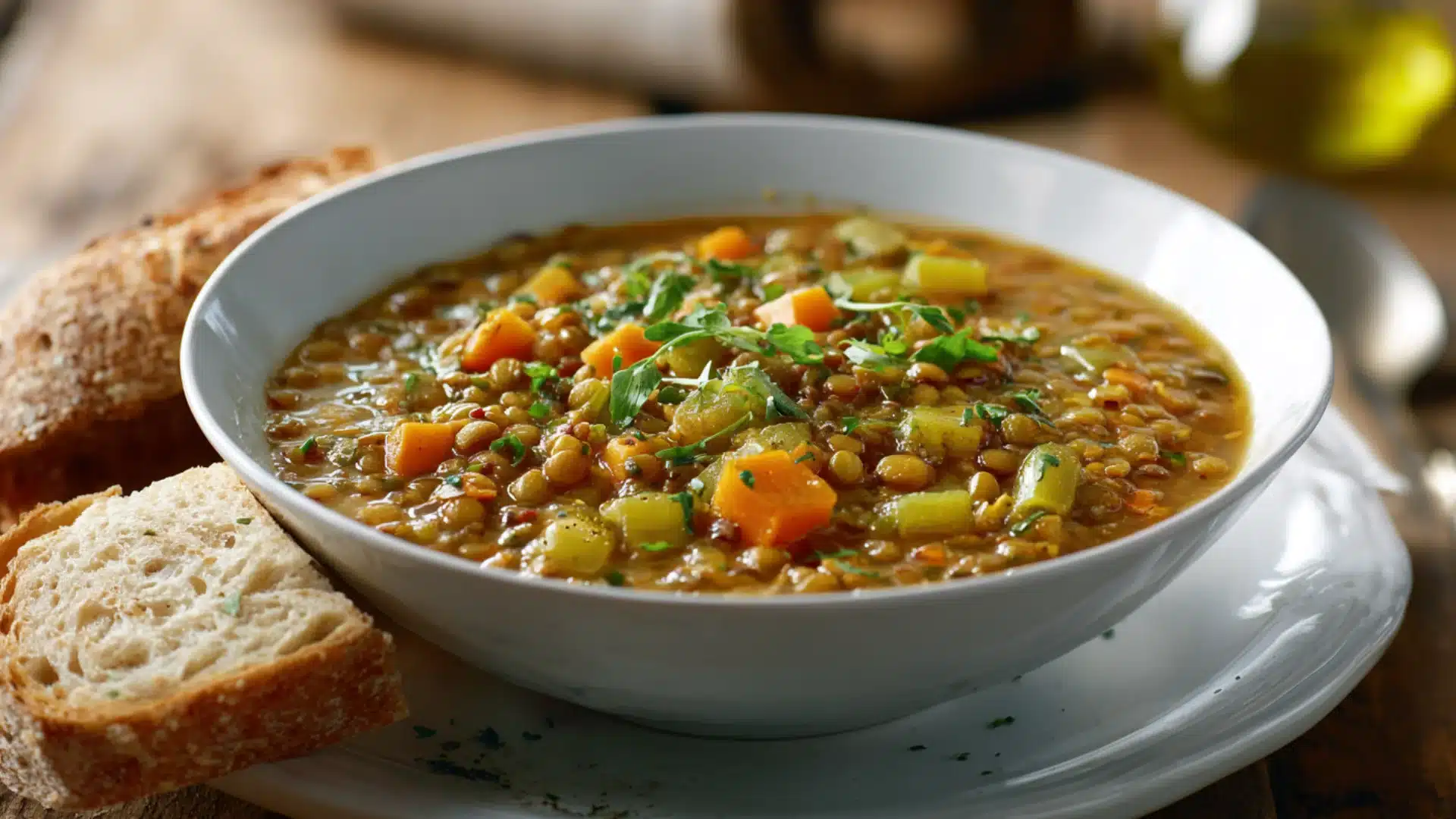 Vegetable and Lentil Soup in a white bowl with green herbs and orange carrots served with thick crusty bread on the side