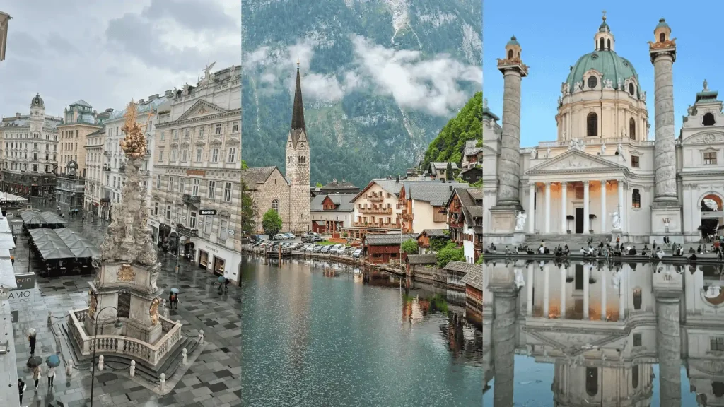 Vienna streets, Austrian lakeside village, and baroque church with reflection in city square