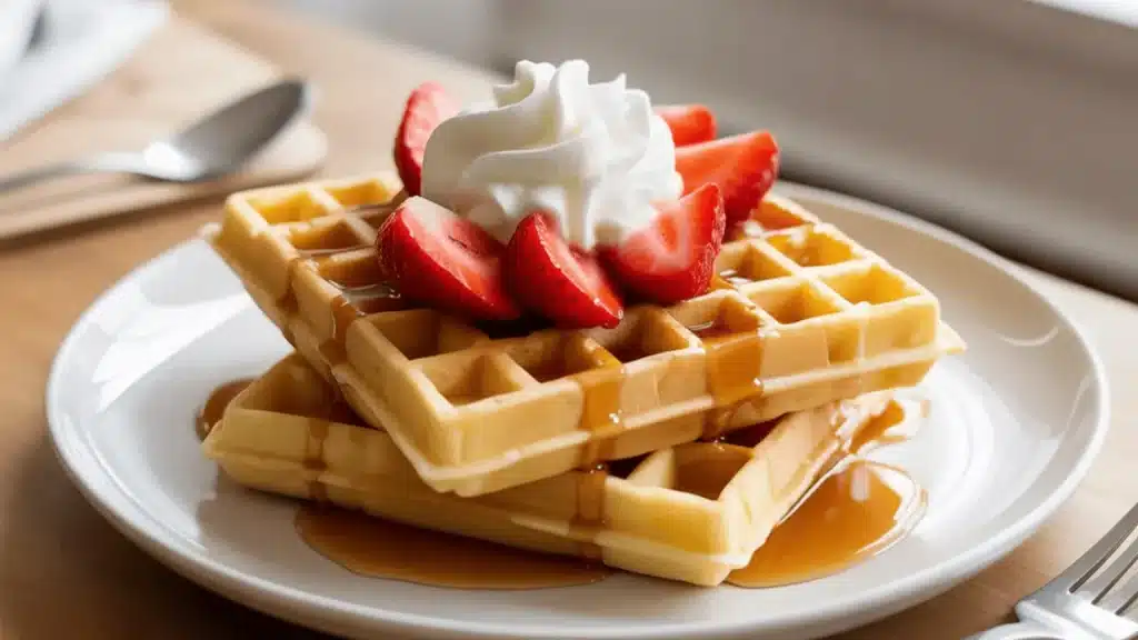 Waffles topped with strawberries, whipped cream, and syrup on a plate by a bright window