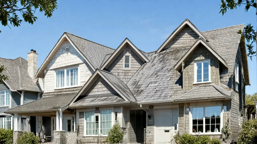 Weathered gray cedar shake roofing and dormer siding contrasts against a clear blue sky above a residential structure.