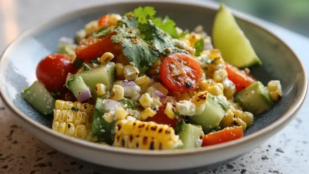 White bowl of grilled corn salad with lime feta and cilantro on a rustic white table with greenery in the soft background (1)