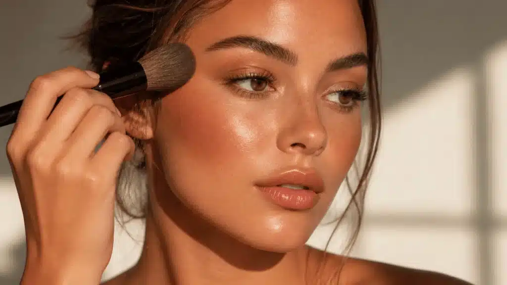 Woman applying bronzer with fluffy brush, warm tones and sun-kissed glowing skin
