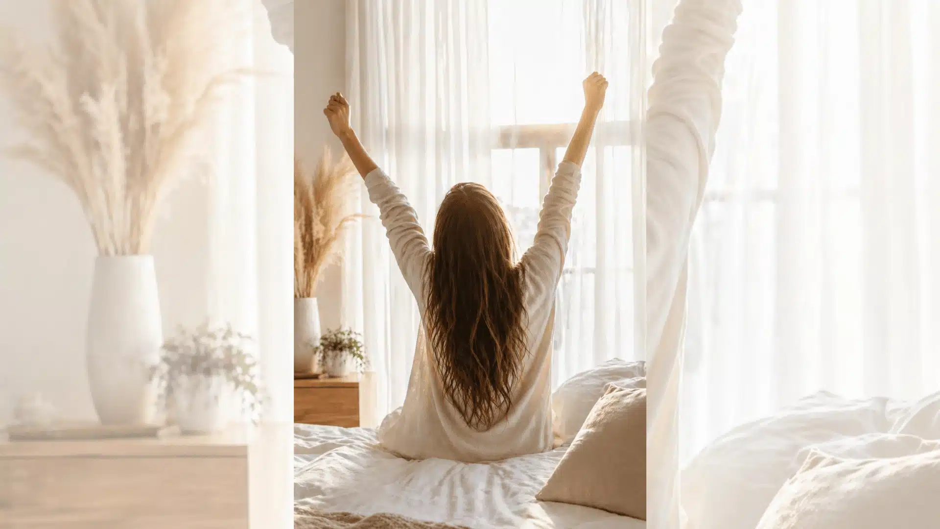 Woman sitting on bed stretching arms in soft morning light, bright neutral bedroom with sheer curtains