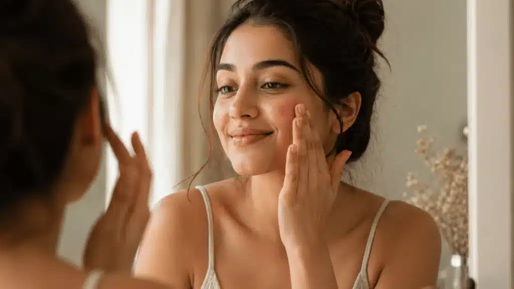 Woman smiling while applying cream blush in mirror with soft natural light and neutral tones