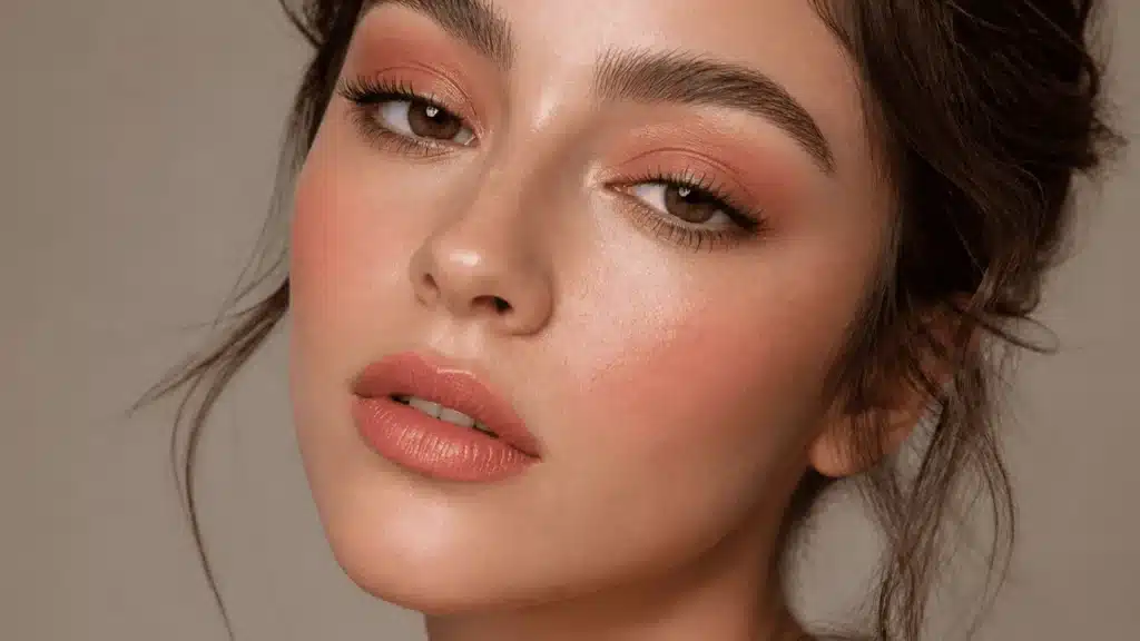 Woman with monochromatic makeup, matching eyeshadow, blush, and lips in soft warm tones