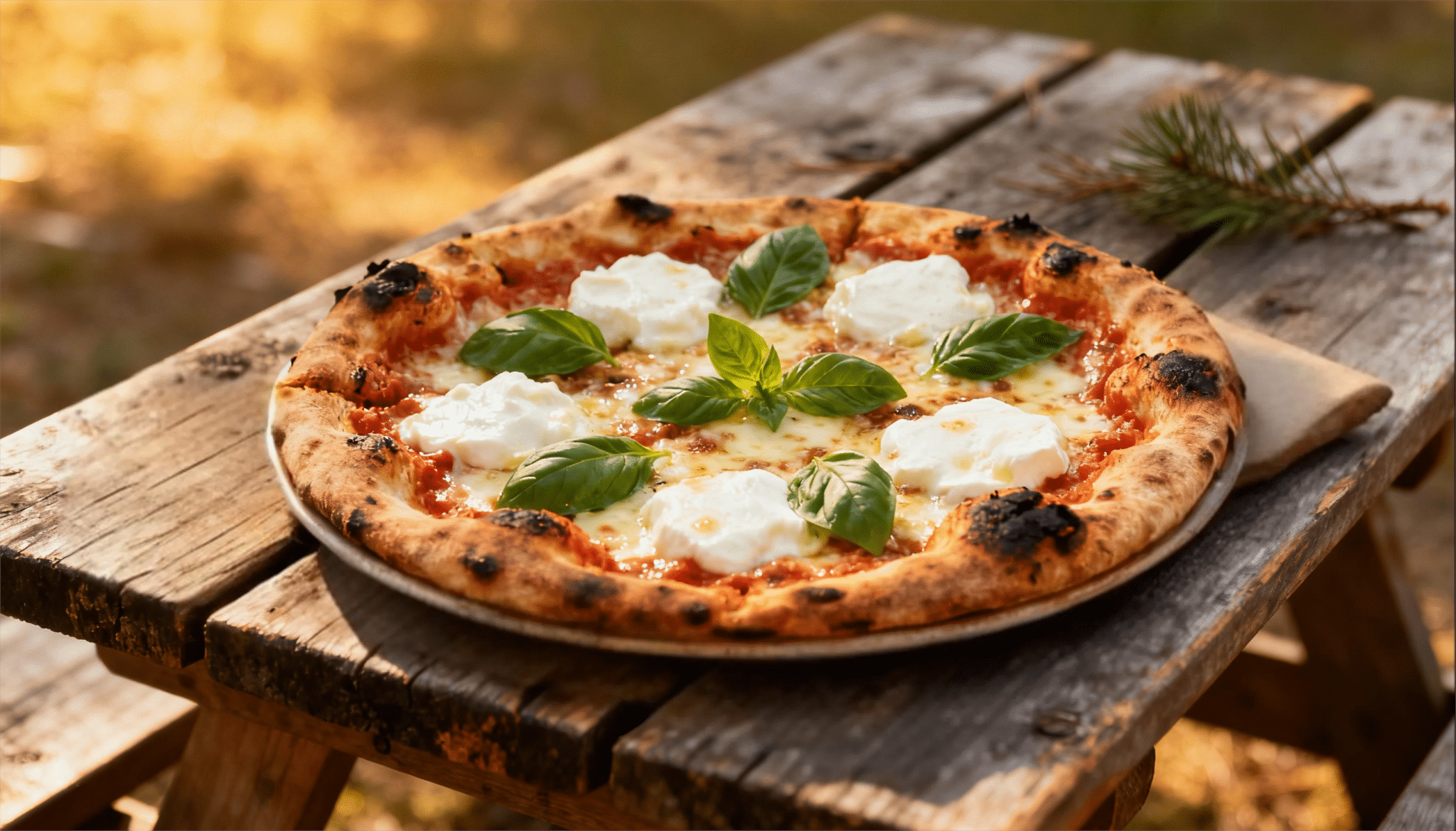 Wood-fired pizza topped with basil and dollops of mozzarella sits on a rustic wooden picnic table, evoking a warm, outdoor dining ambiance.
