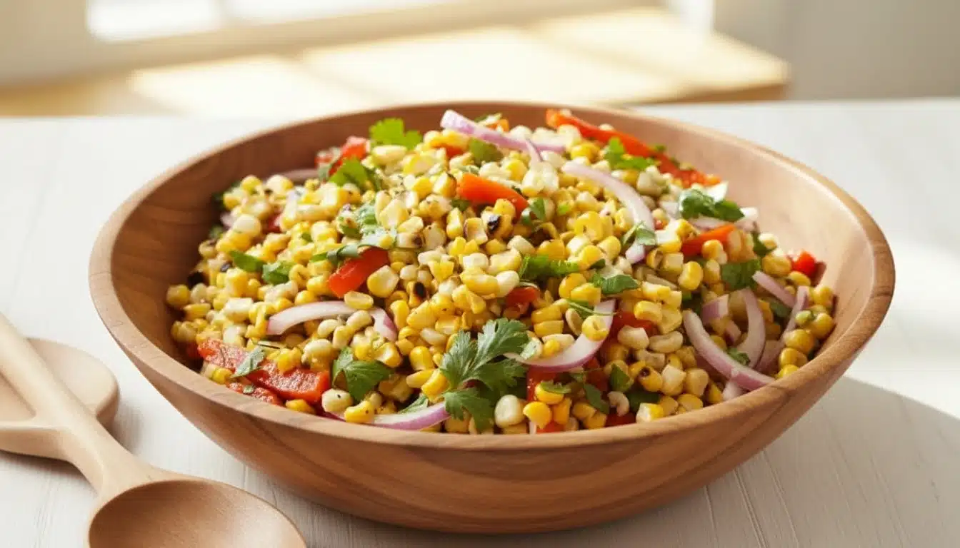 Wooden bowl filled with roasted corn salad featuring red bell peppers, red onion slices, and fresh cilantro next to wooden serving spoons.