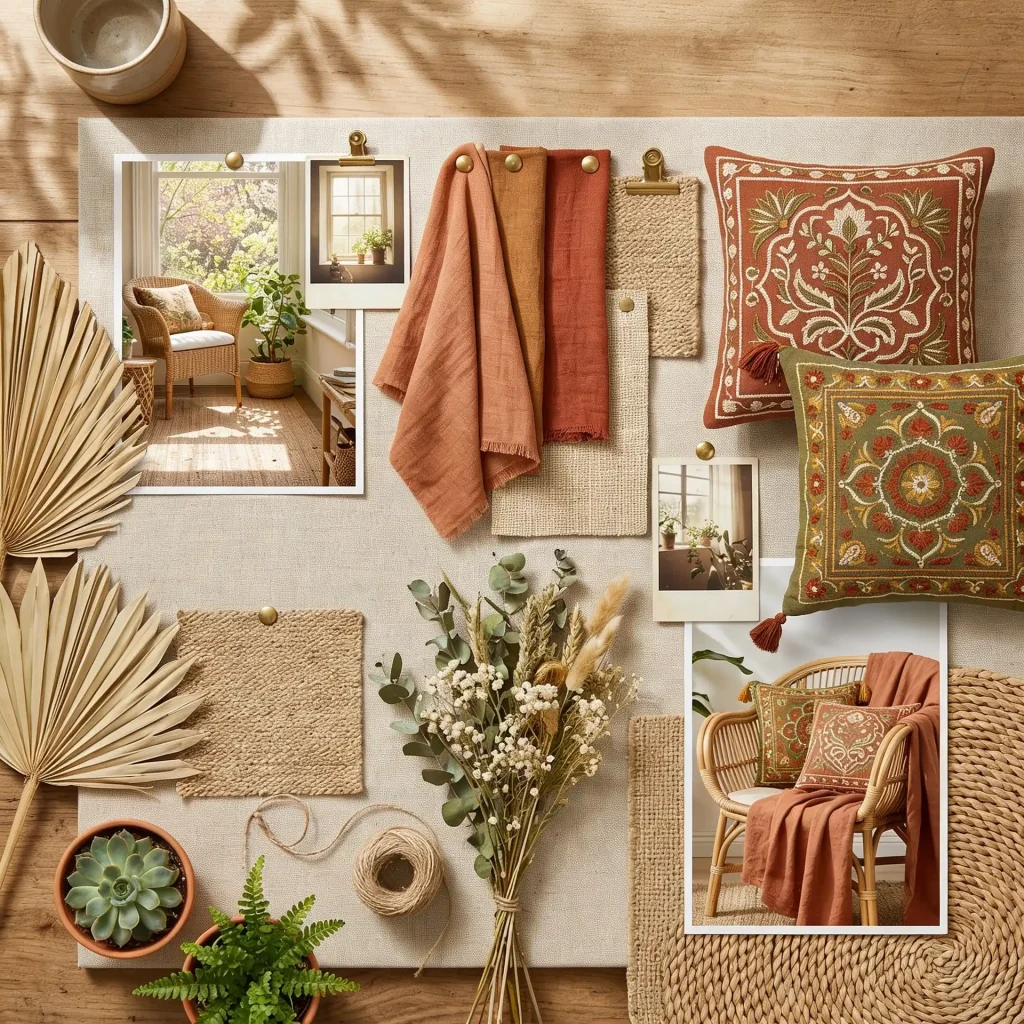 A bohemian home decor mood board featuring earthy textiles, rust and green embroidered cushions, dried foliage, potted succulents, and rattan furniture inspiration photos