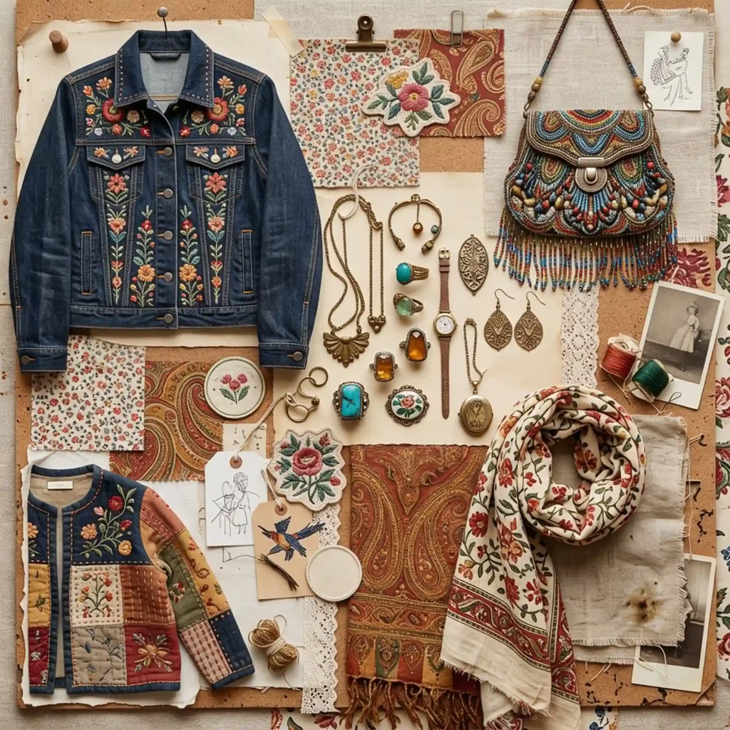A boho moodboard with embroidered denim, beaded bags, vintage jewelry, and floral textiles pinned to a cork background