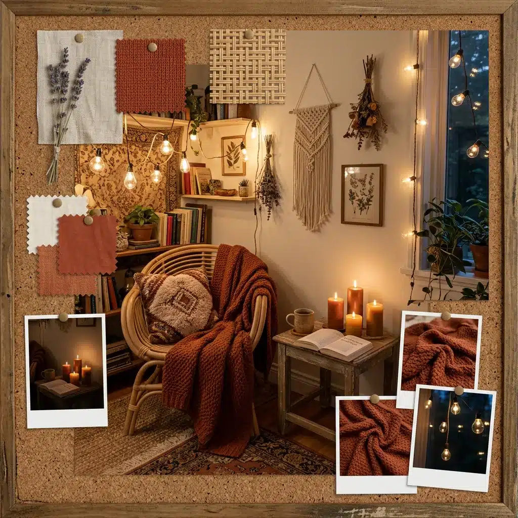 A cozy bohemian interior design mood board featuring fabric swatches, rattan chair, burnt orange textiles, and warm string lights