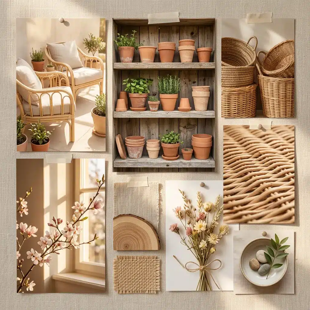 A mood board featuring wicker chairs, terracotta pots on shelves, woven baskets, blooming branches by a window, natural fabric swatches, dried flowers, and river stones