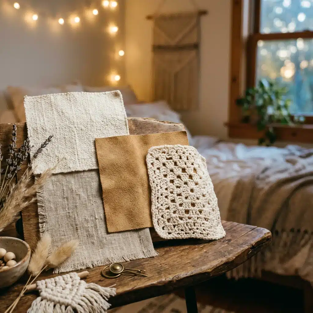 Bohemian material swatches including textured white fabric, tan suede, linen, and crochet resting on a rustic wooden surface with dried botanicals and string lights in the background
