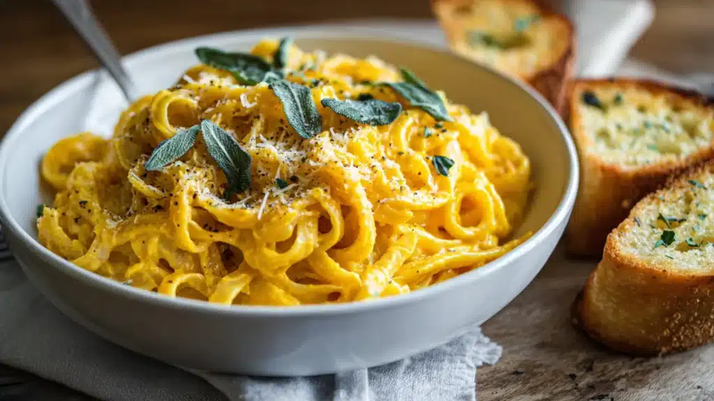 bowl of butternut squash and sage pasta with long yellow noodles topped by fried green sage leaves and grated cheese and