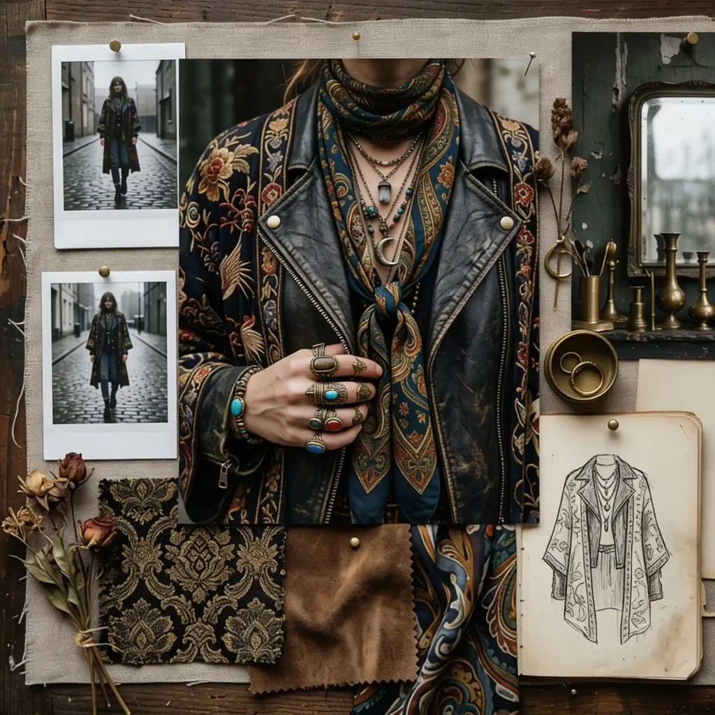 Edgy moodboard featuring layered leather, bohemian patterns, chunky rings, and vintage sketches on a textured backdrop