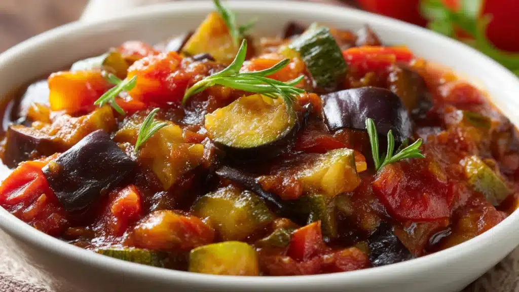 eggplant and tomato ratatouille in a shallow bowl in visible zucchini, peppers, and rich tomato sauce soft natural lighting clean background