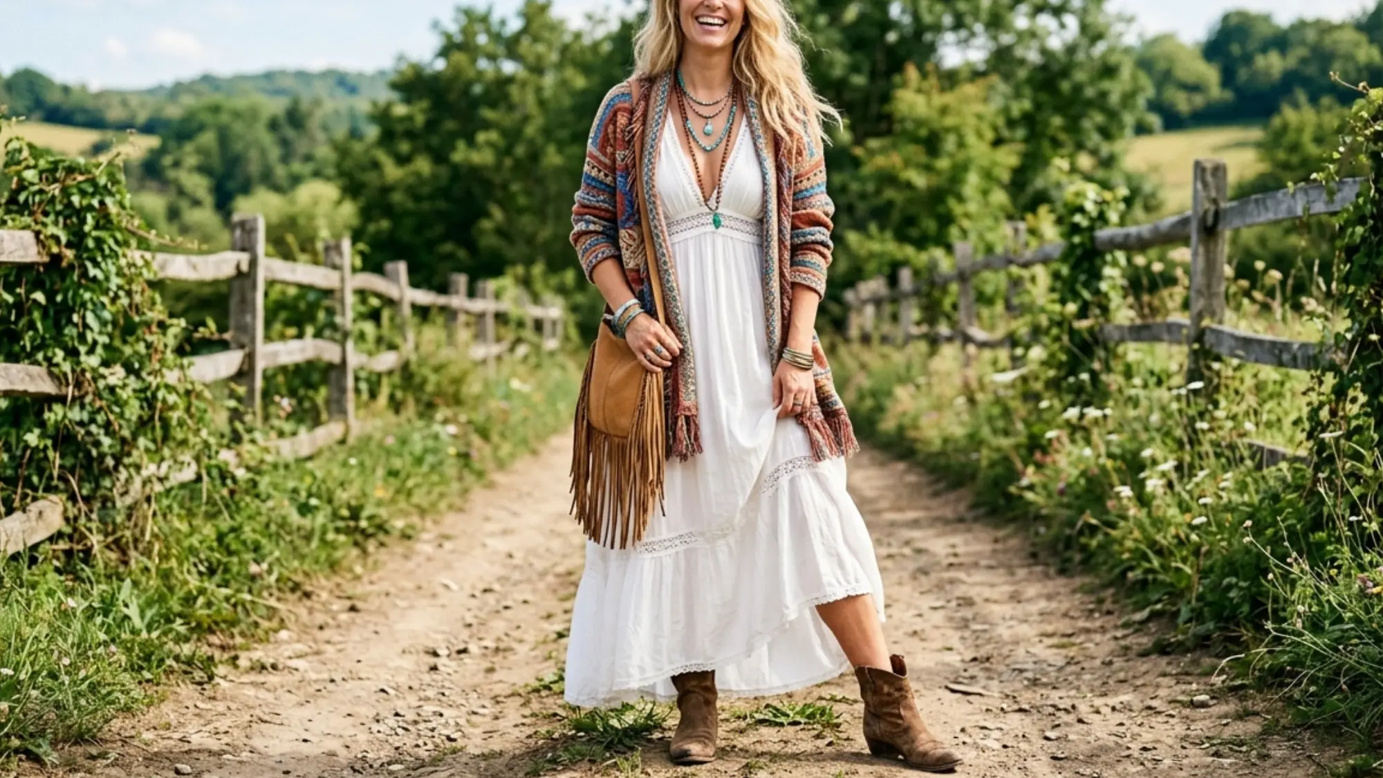 Smiling blonde woman in a white boho dress and patterned cardigan stands on a dirt path beside a rustic split-rail fence surrounded by lush green foliage